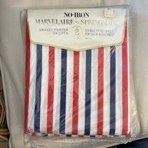 NOS Vintage Springmaid Marvelaire Double Fitted Sheet Red White Blue Stripe